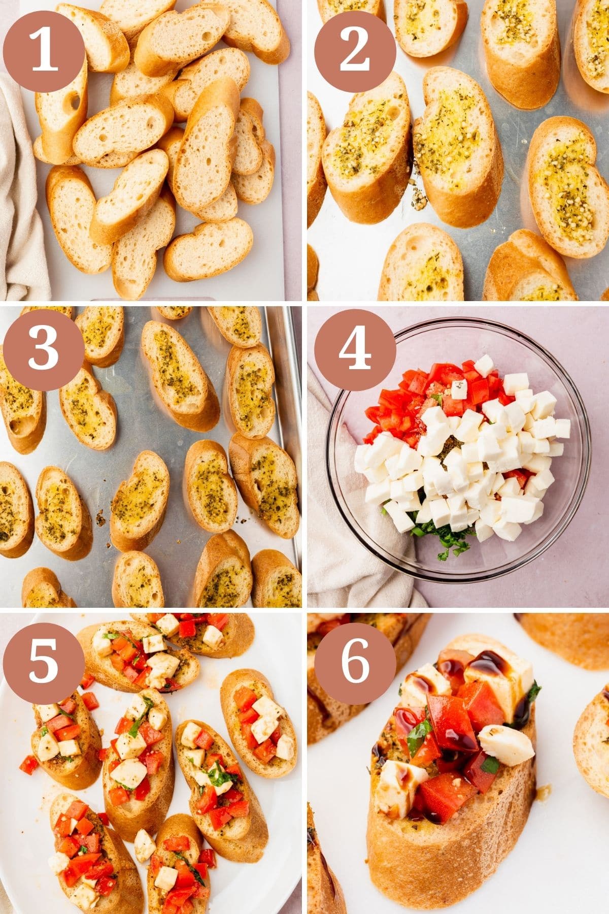 Steps showing how to make gluten-free bruschetta with mozzarella, from toasting the baguette slices, mixing together the tomatoes and mozzarella, topping the slices of toast with the tomato mixture, and drizzling with balsamic glaze.