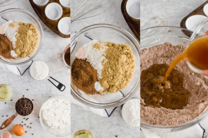 A photo showing the process of mixing together the batter for gluten-free chocolate cheesecake cupcakes.