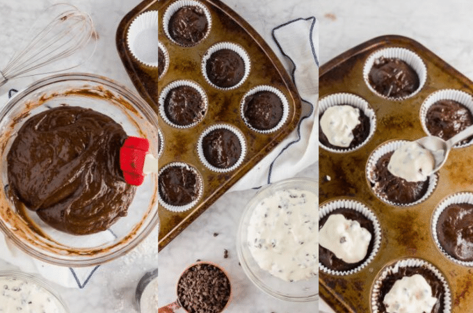 A photo showing the process of mixing chocolate cupcake batter and topping with cream cheese filling for gluten free black bottom cupcakes.