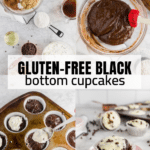 A photo showing the process of baking gluten free black bottom cupcakes.