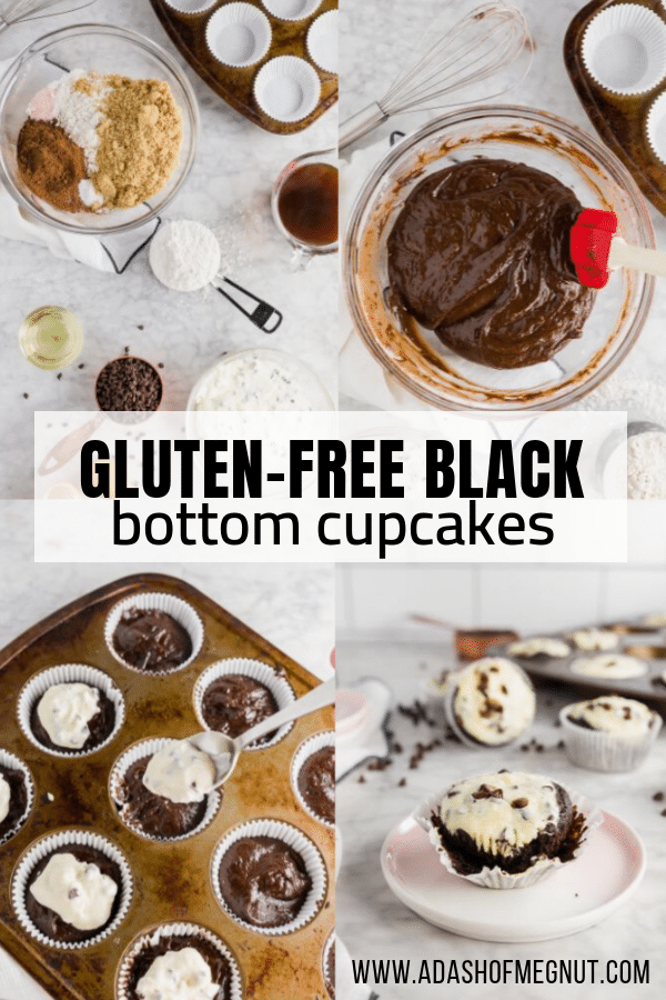 A photo showing the process of baking gluten free black bottom cupcakes. 