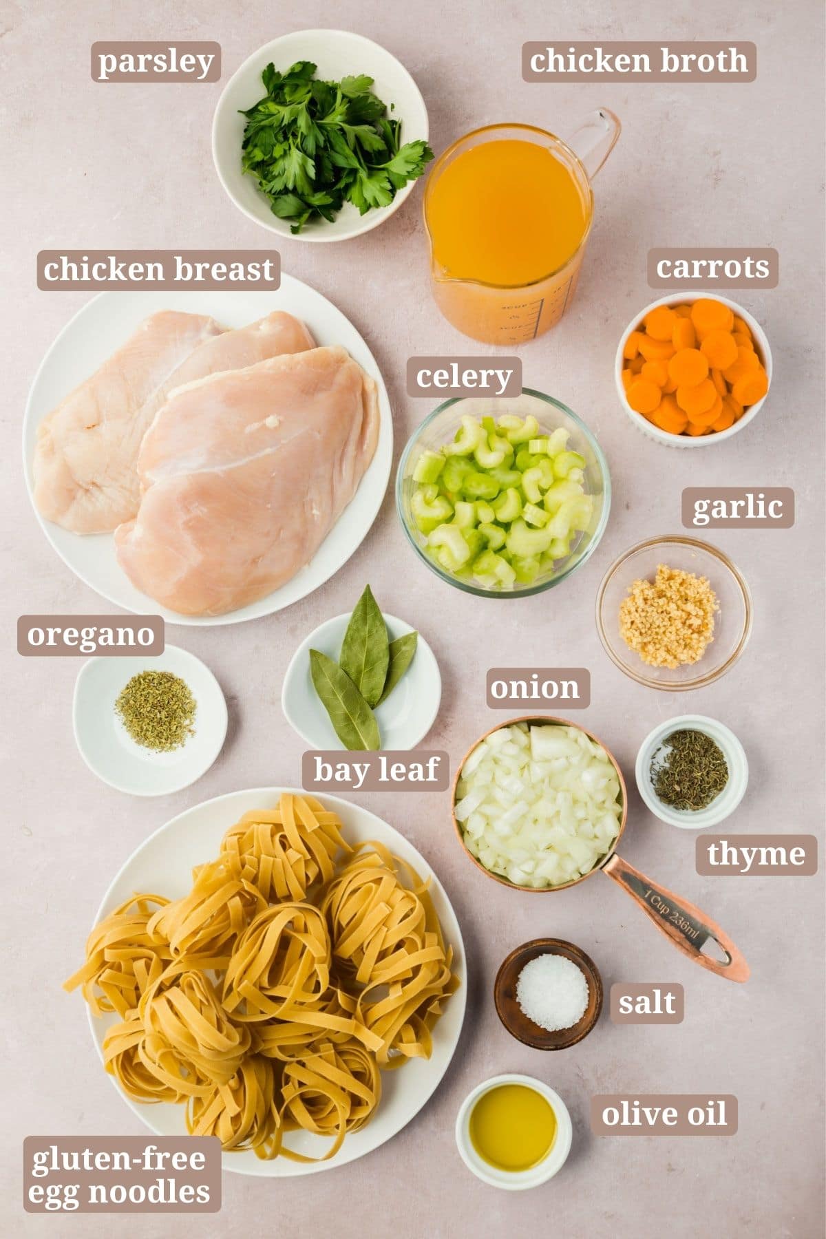 Ingredients for making gluten-free chicken noodle soup.