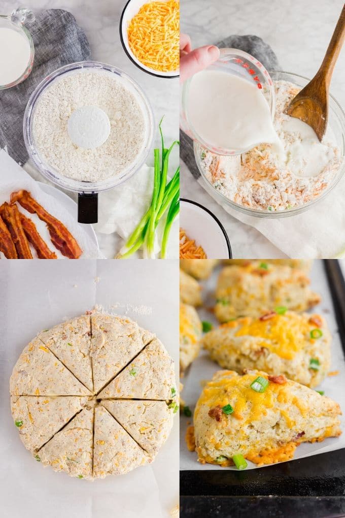 A collage showing how to make bacon cheddar scones from cutting the butter into the flour, adding buttermilk, sliced the dough into wedges and baking in the oven.