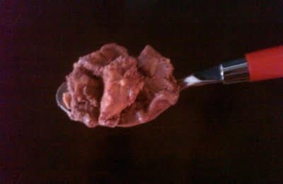 A spoon full of chocolate peanut butter ice cream.