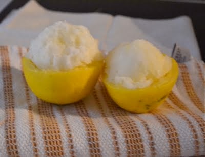 Lemon halves stuffed with lemon sorbet.