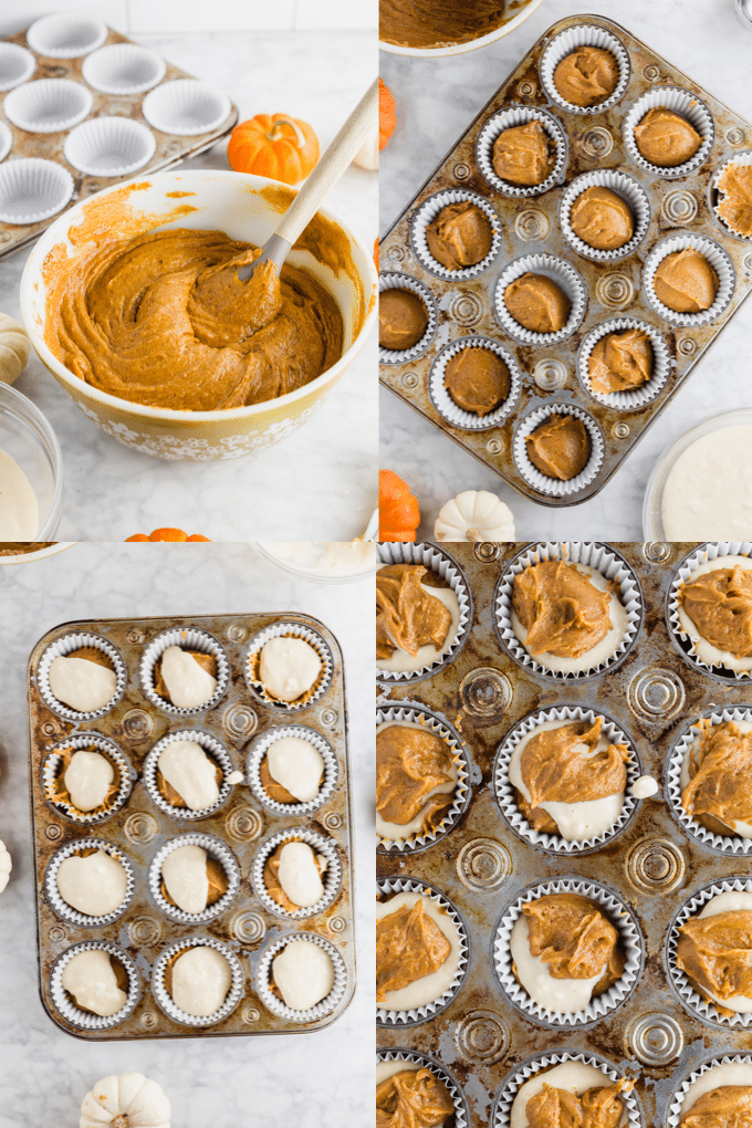 A photo showing the process of making gluten-free pumpkin cream cheese muffins, from mixing the batter to layering the pumpkin muffin batter and cream cheese filling in the muffin tins. 