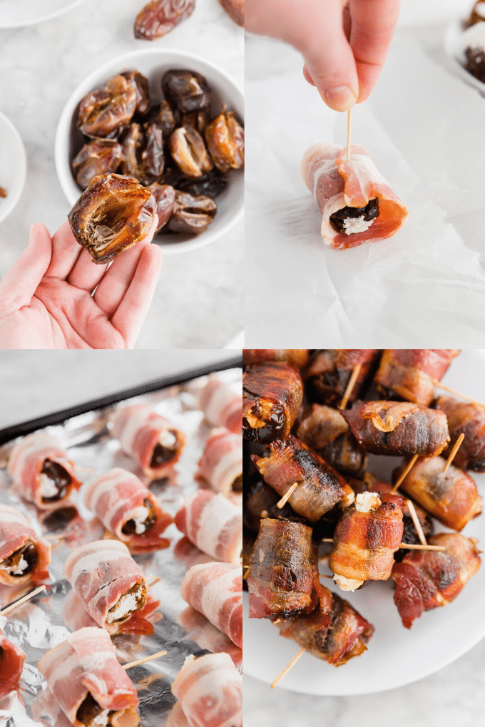 A photo showing the process of making bacon wrapped dates from removing the pit of the date, to stuffing the date with goat cheese and wrapping in bacon, to baking in the oven until crispy perfection. 