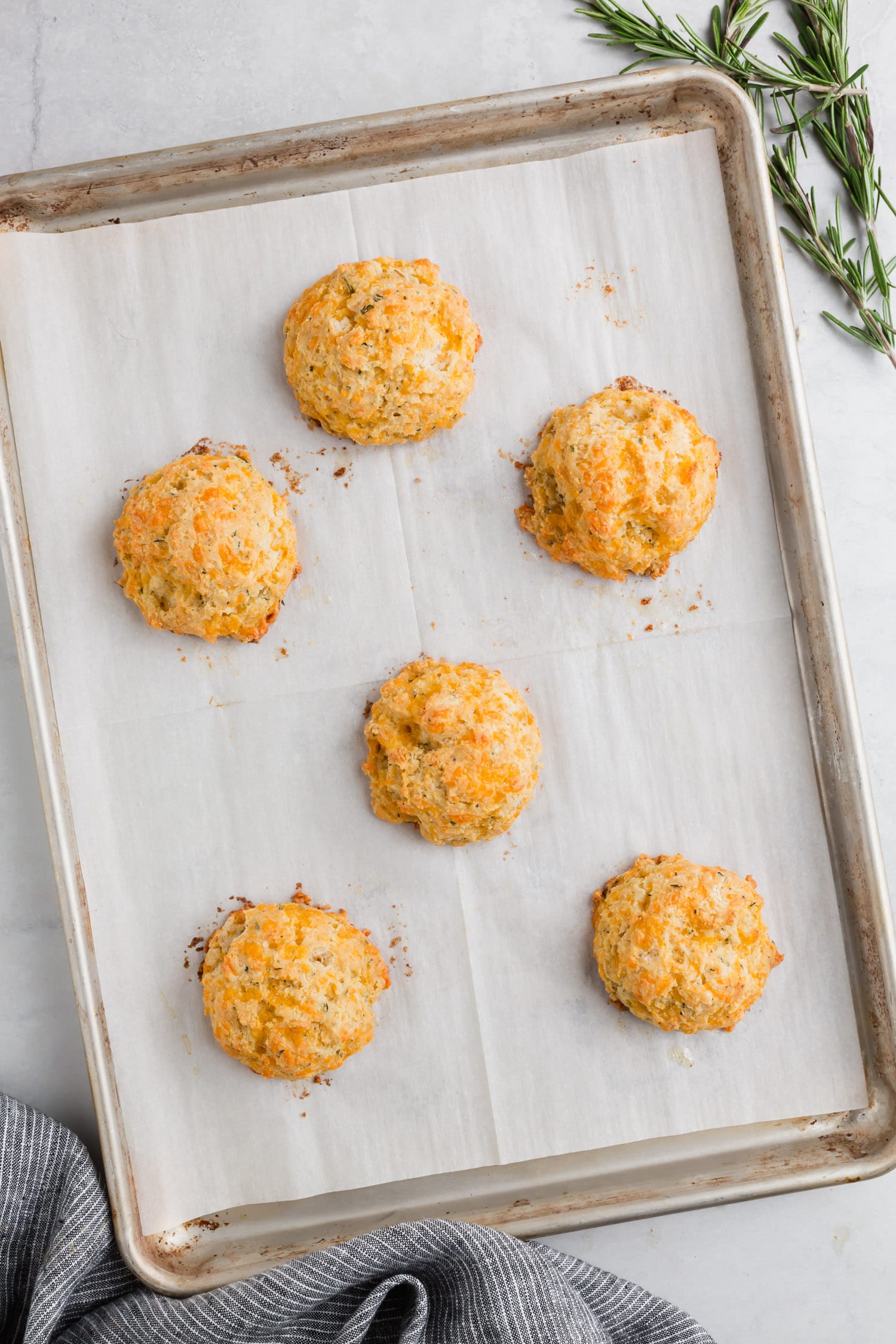 Gluten-Free cheddar biscuits baked straight out of the oven on a baking sheet.