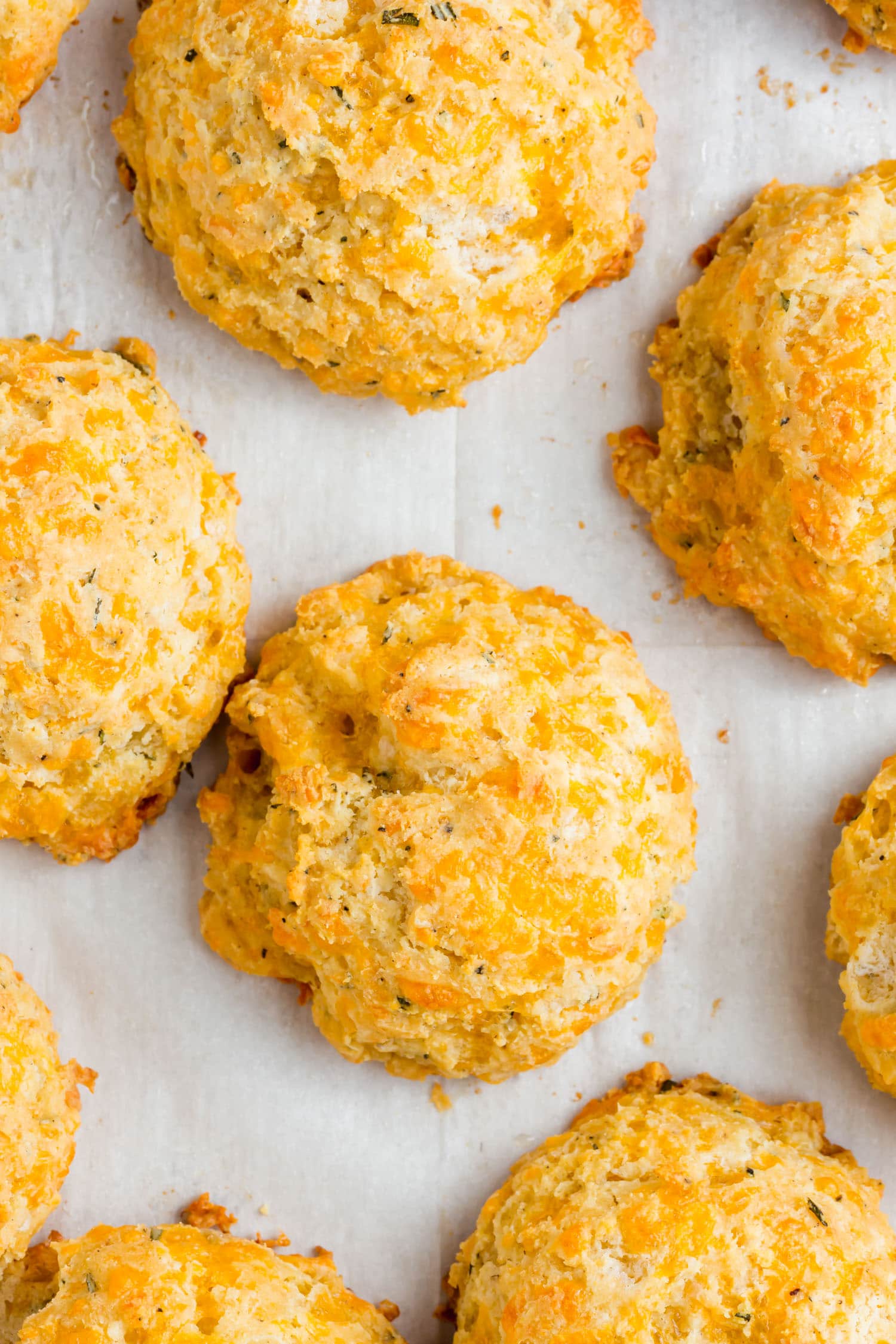 An overhead shot of gluten-free cheese biscuits on parchment paper.