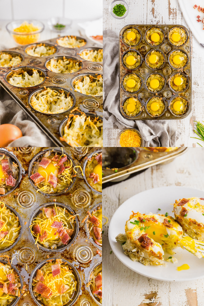 A collage of four photos showing the process of making breakfast egg cups with hash browns from pressing the hash browns into the muffin tin, adding an egg and cooked bacon on top, and baking the egg cups with a runny yolk. 