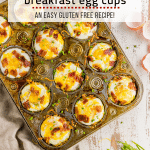 A photo of hash brown breakfast egg cups in a muffin tin topped with bacon, cheddar cheese and chives.