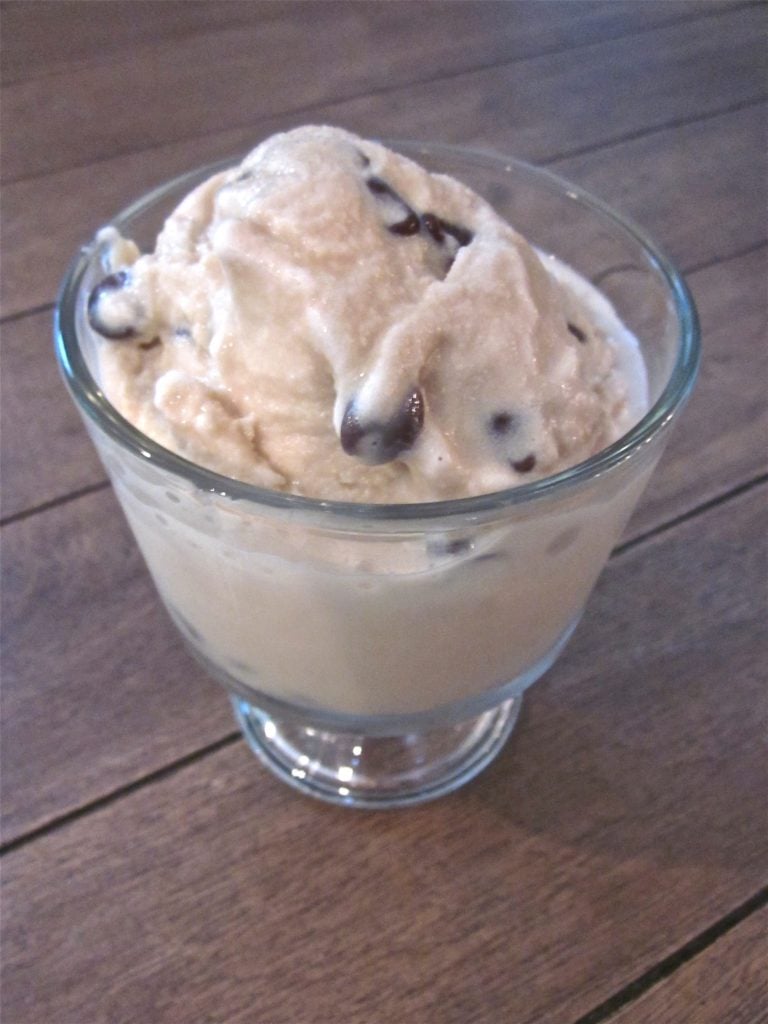 A glass bowl of coffee ice cream with chocolate chips. 