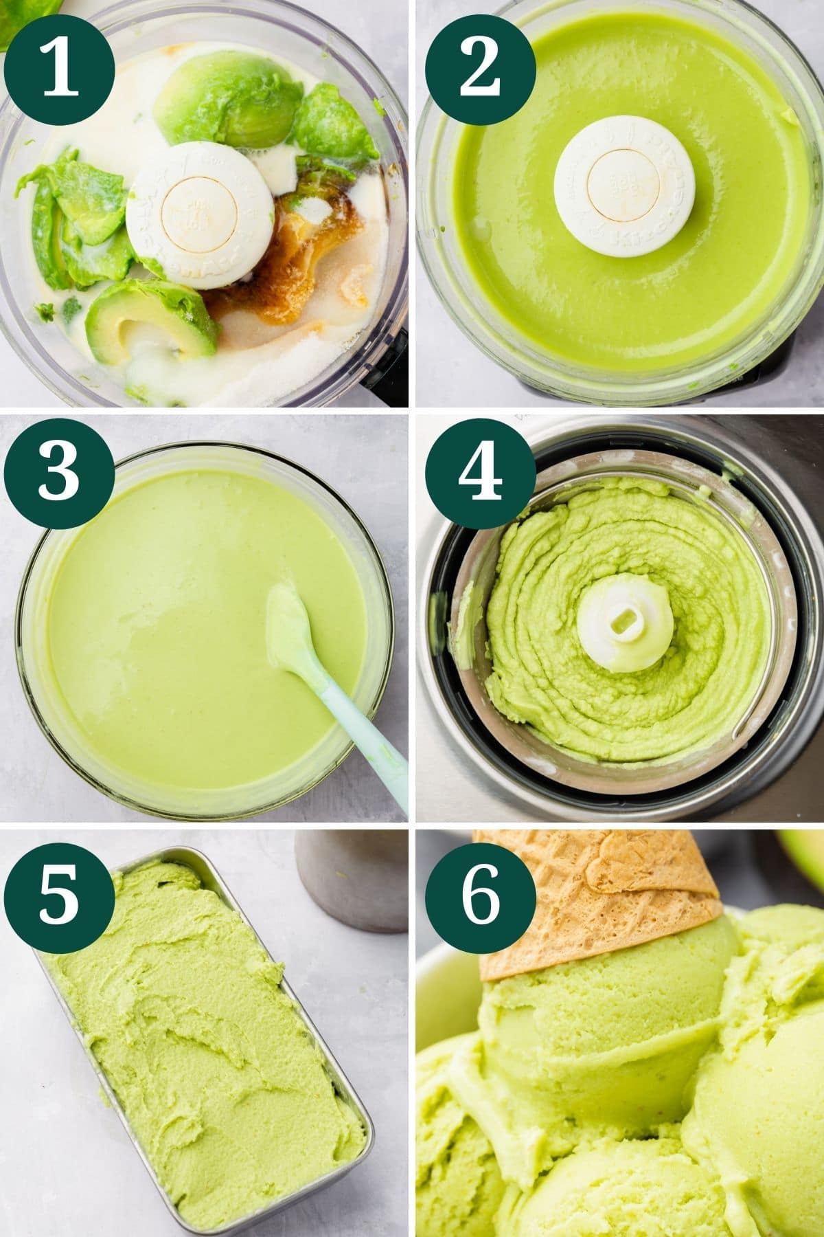A collage showing the steps for making avocado ice cream. Image 1: avocados in a food processor. Image 2: Pureed avocados in a food processor. Image 3: Avocado ice cream base in a large glass bowl with a spatula. Image 4: Churned avocado ice cream in an ice cream maker. Image 5: Avocado ice cream in a loaf pan. Image 6: Scoops of avocado ice cream in a bowl with a cone on top.