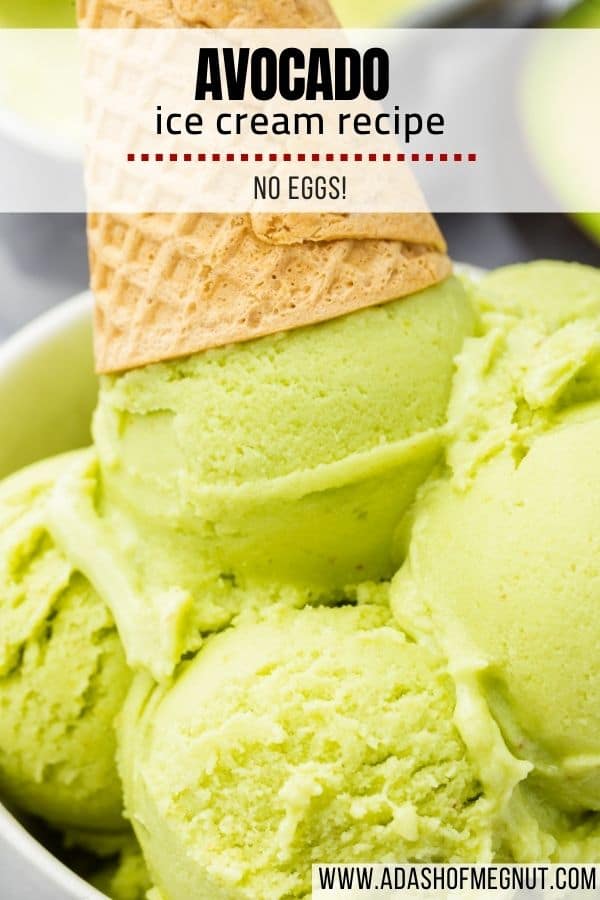 Close up of scoops of avocado ice cream with a gluten-free cone on top with a text overlay.