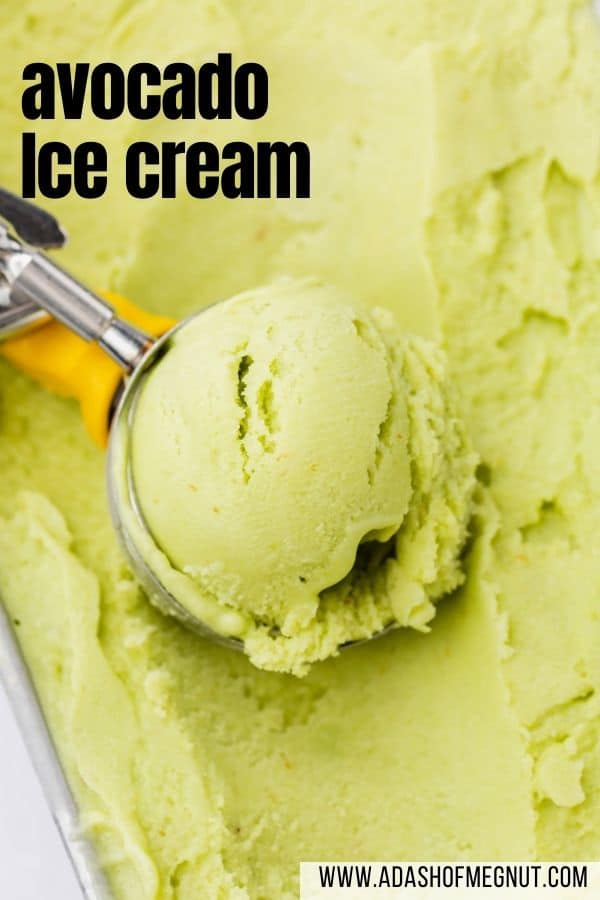 A container of avocado ice cream with a scooper filled with a scoop of ice cream with a text overlay.
