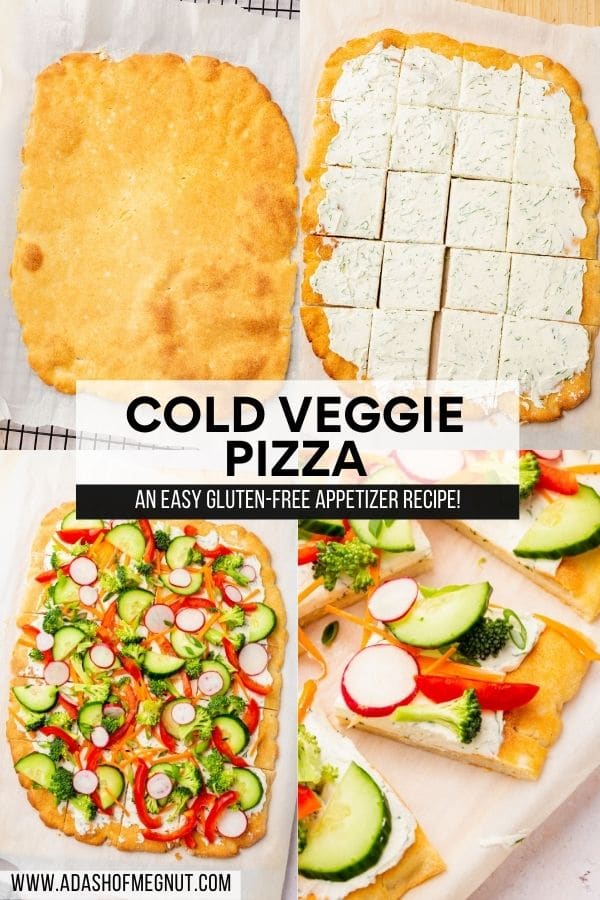 A collage showing the process of making cold veggie pizza from baking the dough, topping with cream cheese spread, top with fresh vegetables and taking a slice out.
