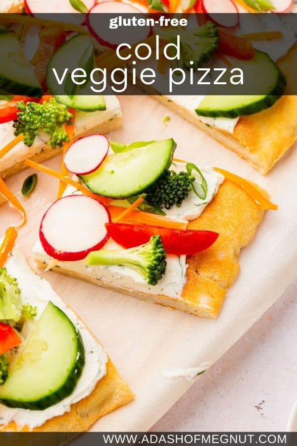 Slices of cold veggie pizza on top of parchment paper with a text overlay.