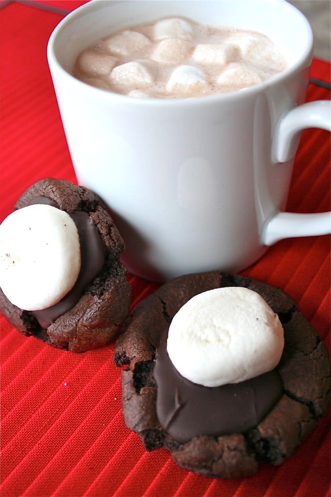 Two hot chocolate cookies leaning against a mug of hot cocoa on a red placemat.