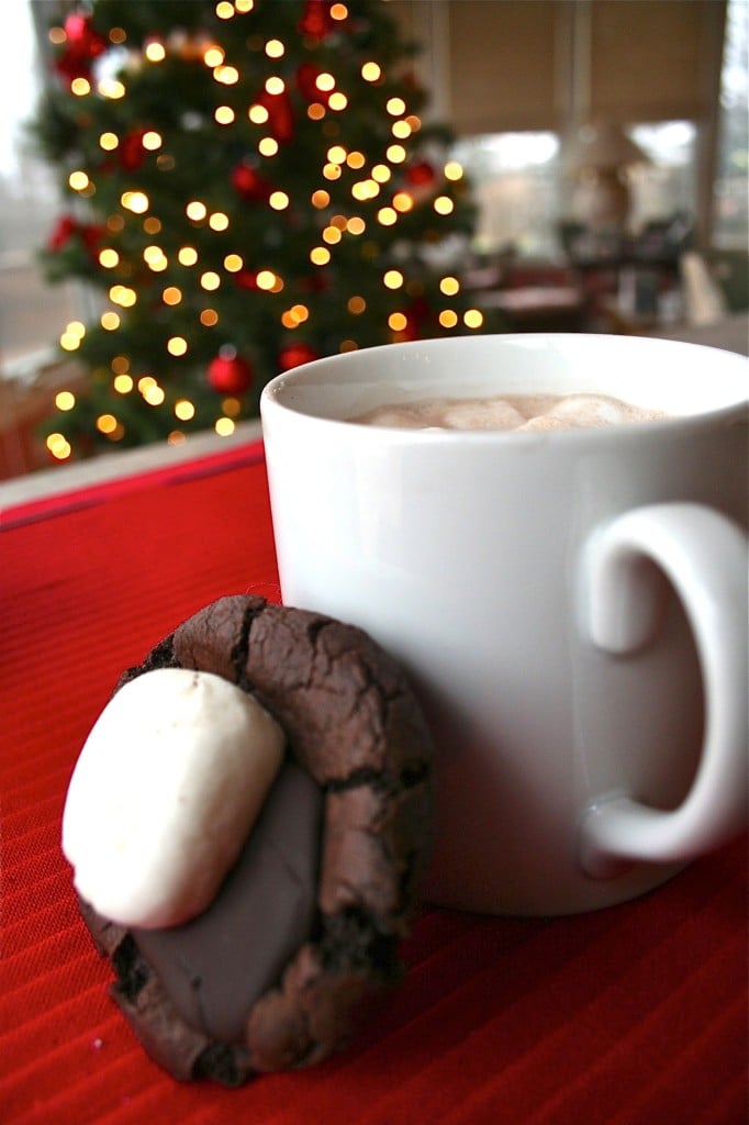 A hot cocoa cookie topped with a marshmallow leaning against of mug of hot chocolate with a Christmas tree in the background.