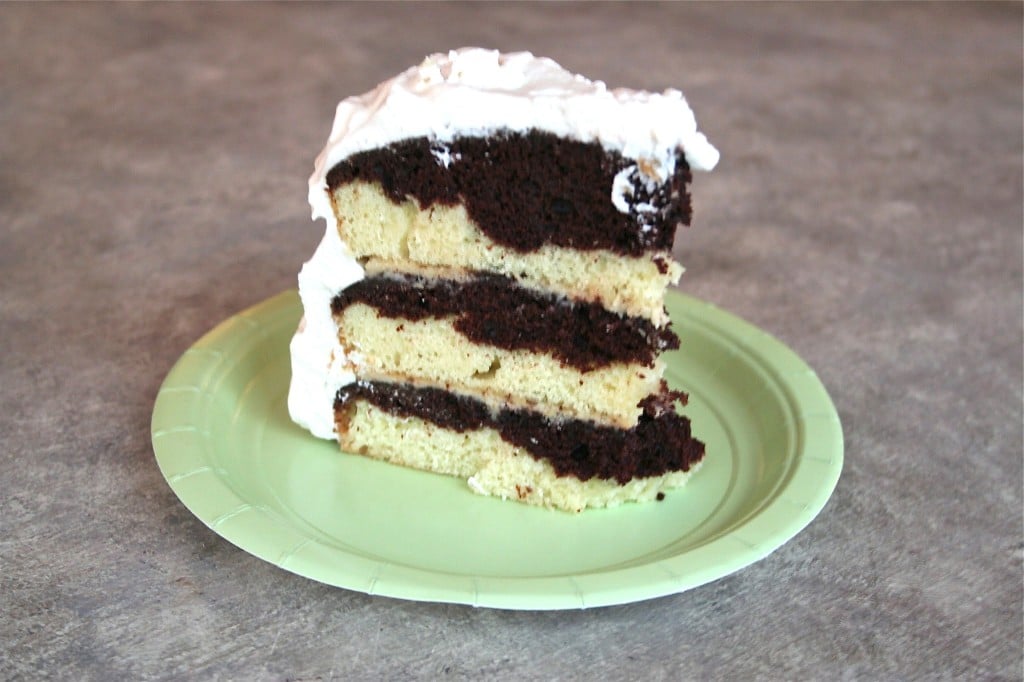 A slice of chocolate and vanilla marble layer cake topped with whipped cream topping.