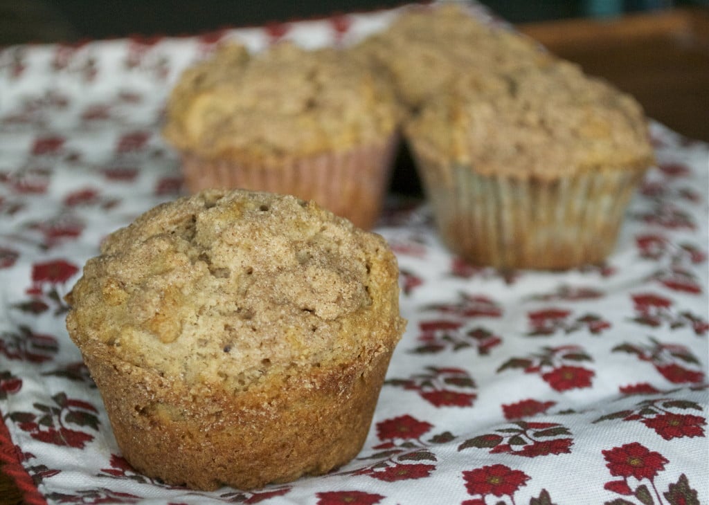 A gluten-free cinnamon streusel muffin on a floral napkin.