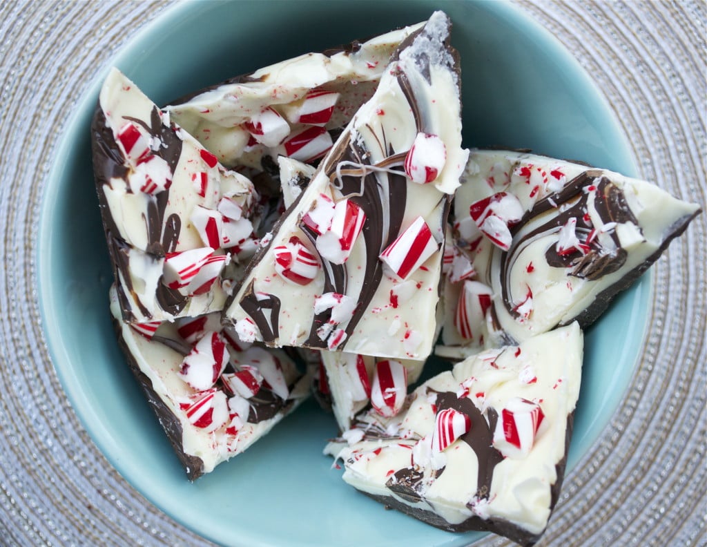A bowl of chocolate peppermint bark pieces.