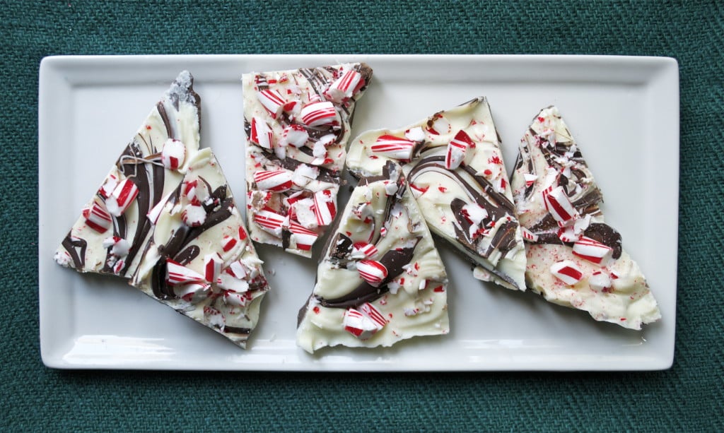 A platter of chocolate peppermint bark. 