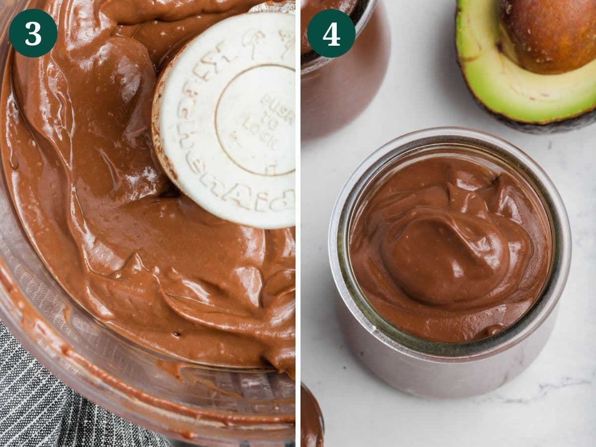 A food processor with chocolate pudding in it and a jar showing avocado chocolate pudding ready to serve.