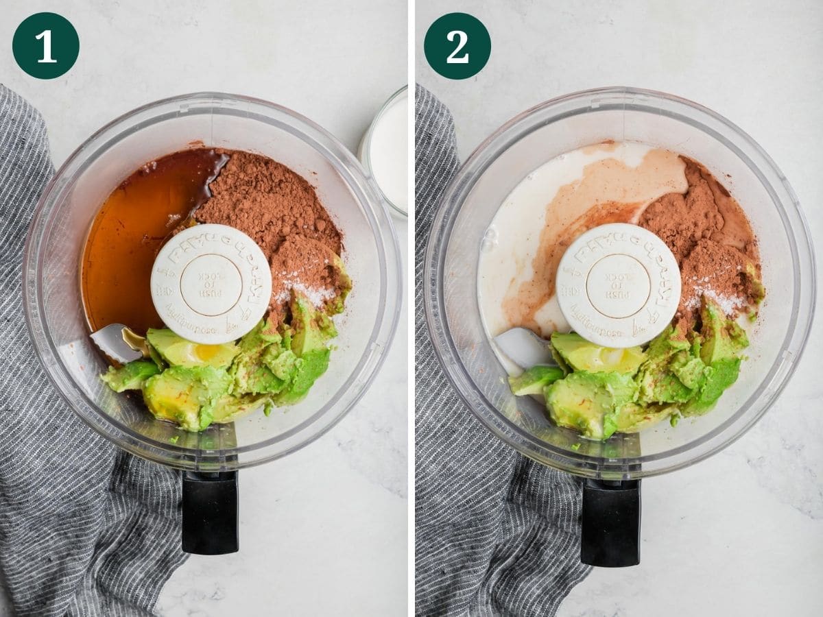 A food processor with avocado, cocoa powder, maple syrup, and almond milk for chocolate pudding.