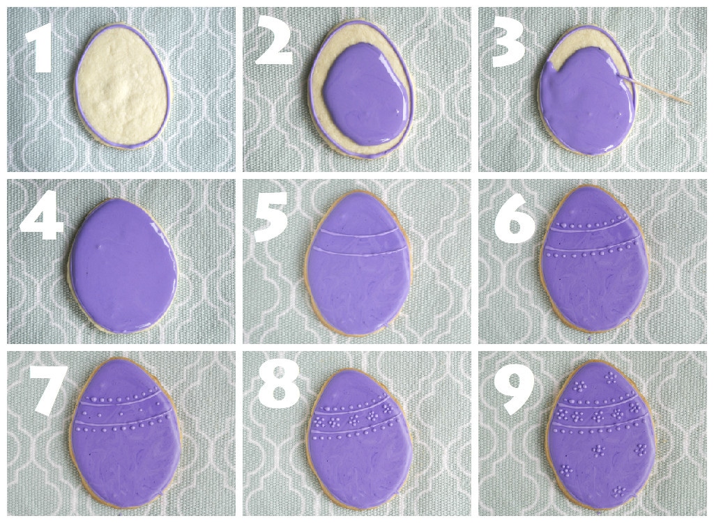 A collage of photos showing the step-by-step process of making Easter egg sugar cookie designs with royal icing.