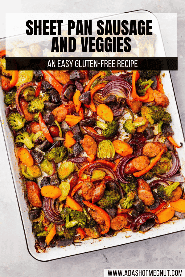 Sausage and roasted vegetables in a white sheet pan with a text overlay.