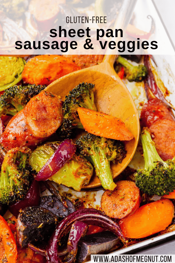 A spoon scooping up roasted vegetables and sausage on a sheet pan with a text overlay.