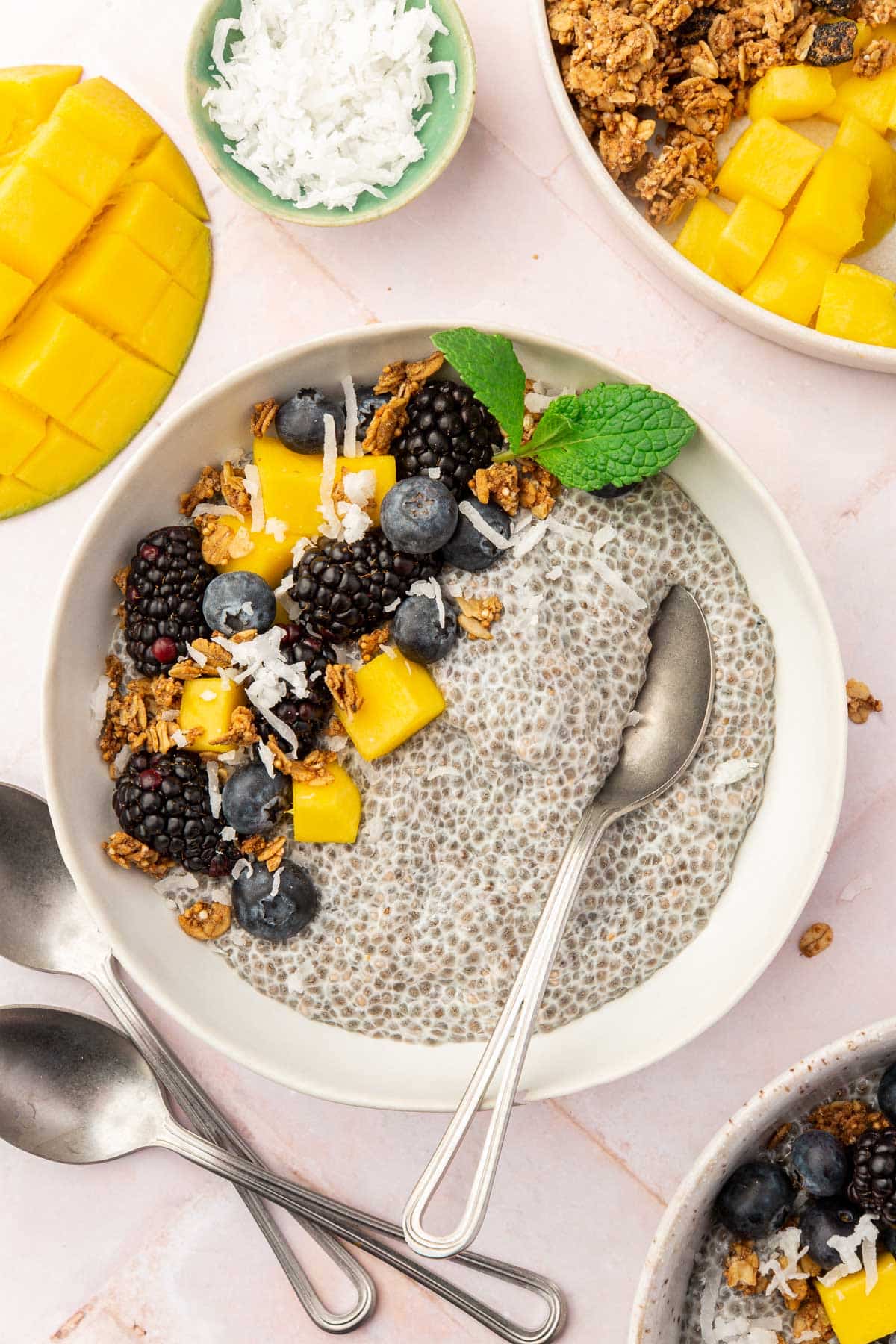 A bowl of chia pudding topped with mango, blueberries, blackberries, coconut and granola with more toppings surrounding the bowl.