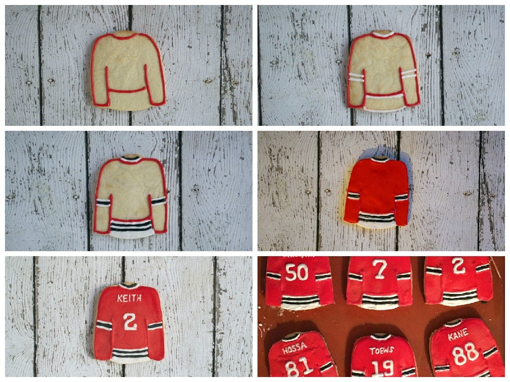 A collage showing the process of decorating Chicago Blackhawks jerseys sugar cookies.
