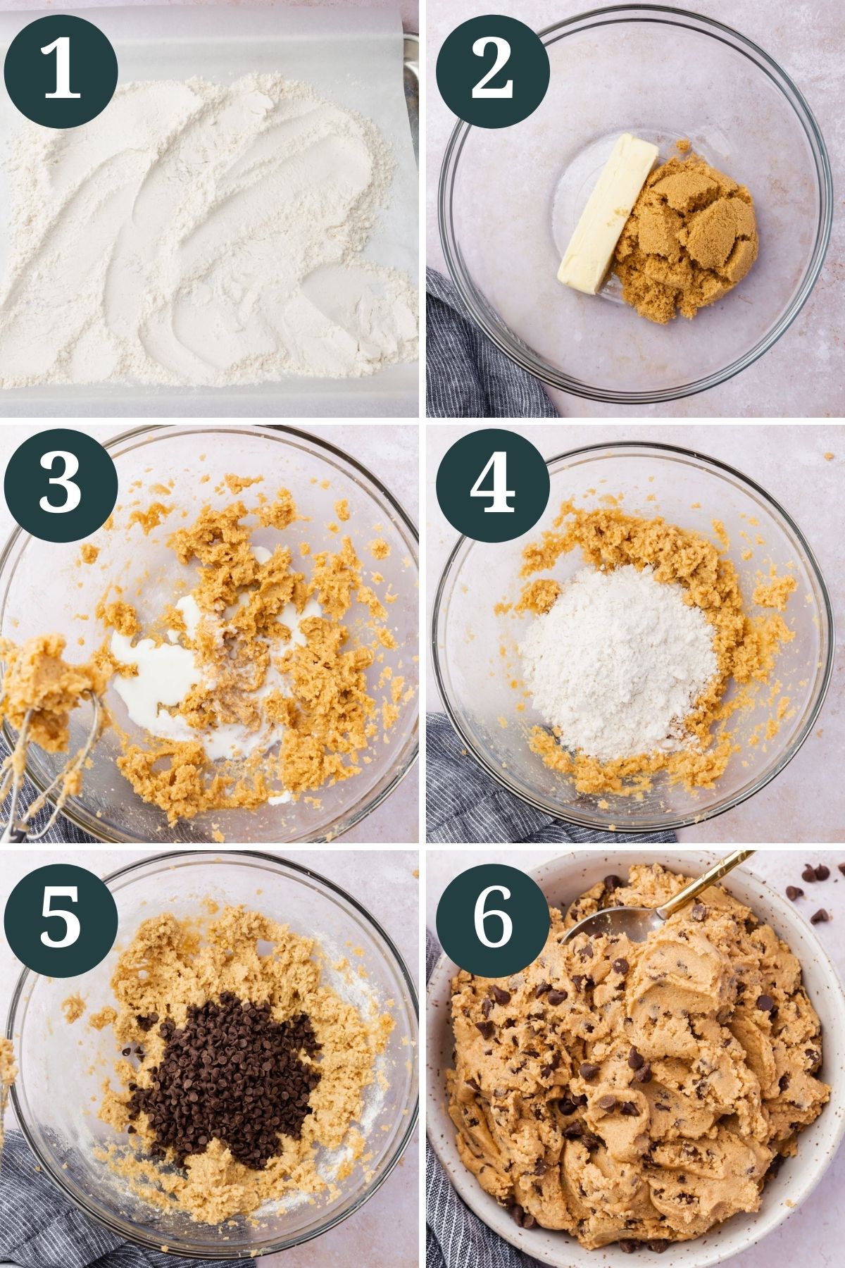 Steps 1-6 for making gluten-free edible cookie dough.