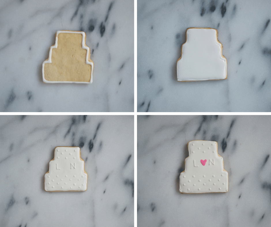 A collage showing the process of decorating wedding cake sugar cookies with royal icing.