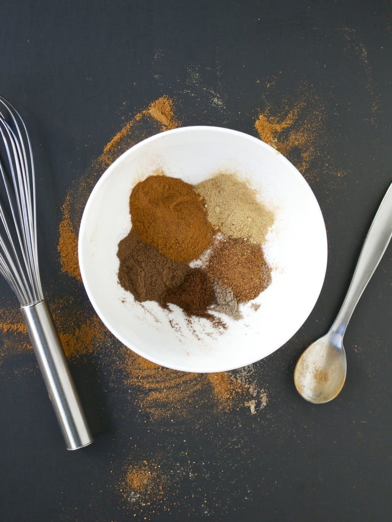 Spices in a bowl ready to be whisked to make pumpkin pie spice mix.