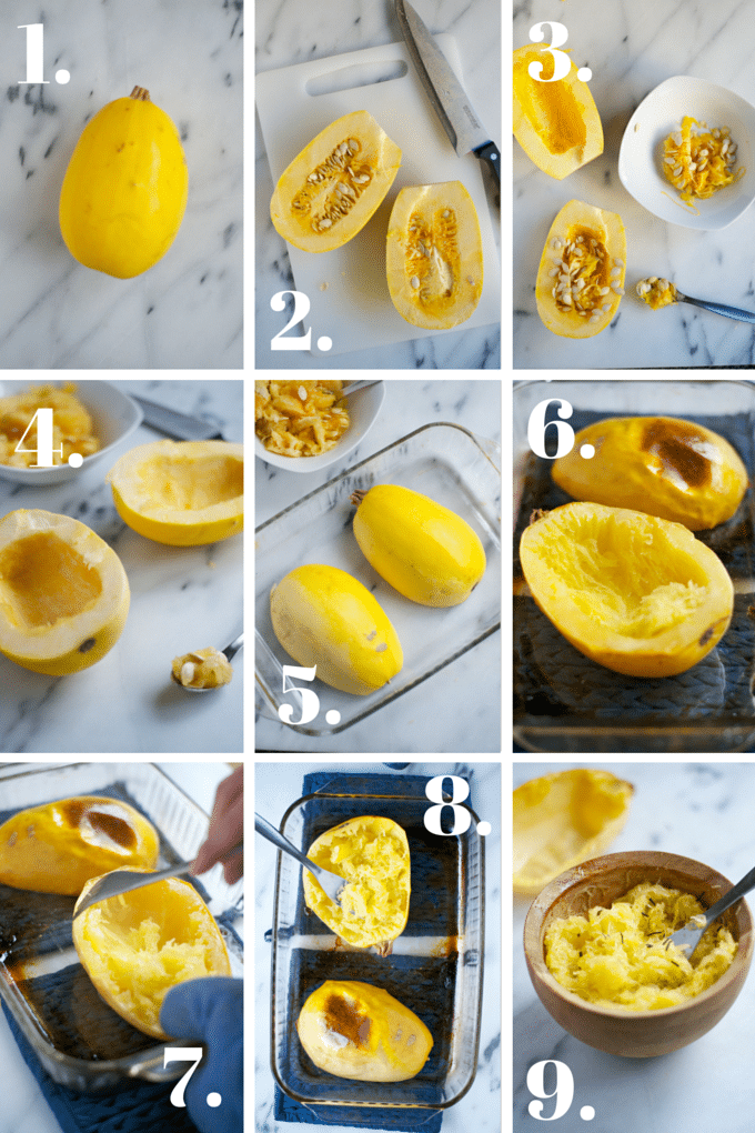 A collage showing the process of making roasted spaghetti squash. 