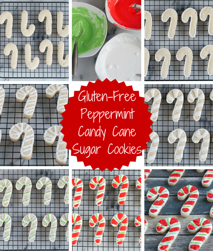 A collage showing how to decorate candy cane sugar cookies with royal icing.
