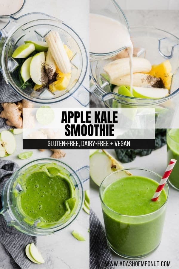 A four photo collage showing the process of making an apple kale smoothie.