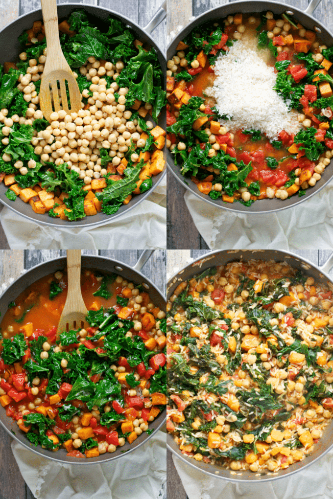 A collage showing the process of showing how to make chickpea sweet potato kale rice skillet. 