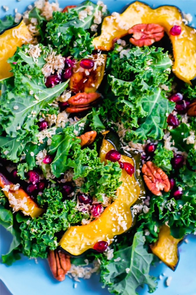 A closeup of kale salad topped with roasted acorn squash, pomegranate arils, pecans, and coconut. 