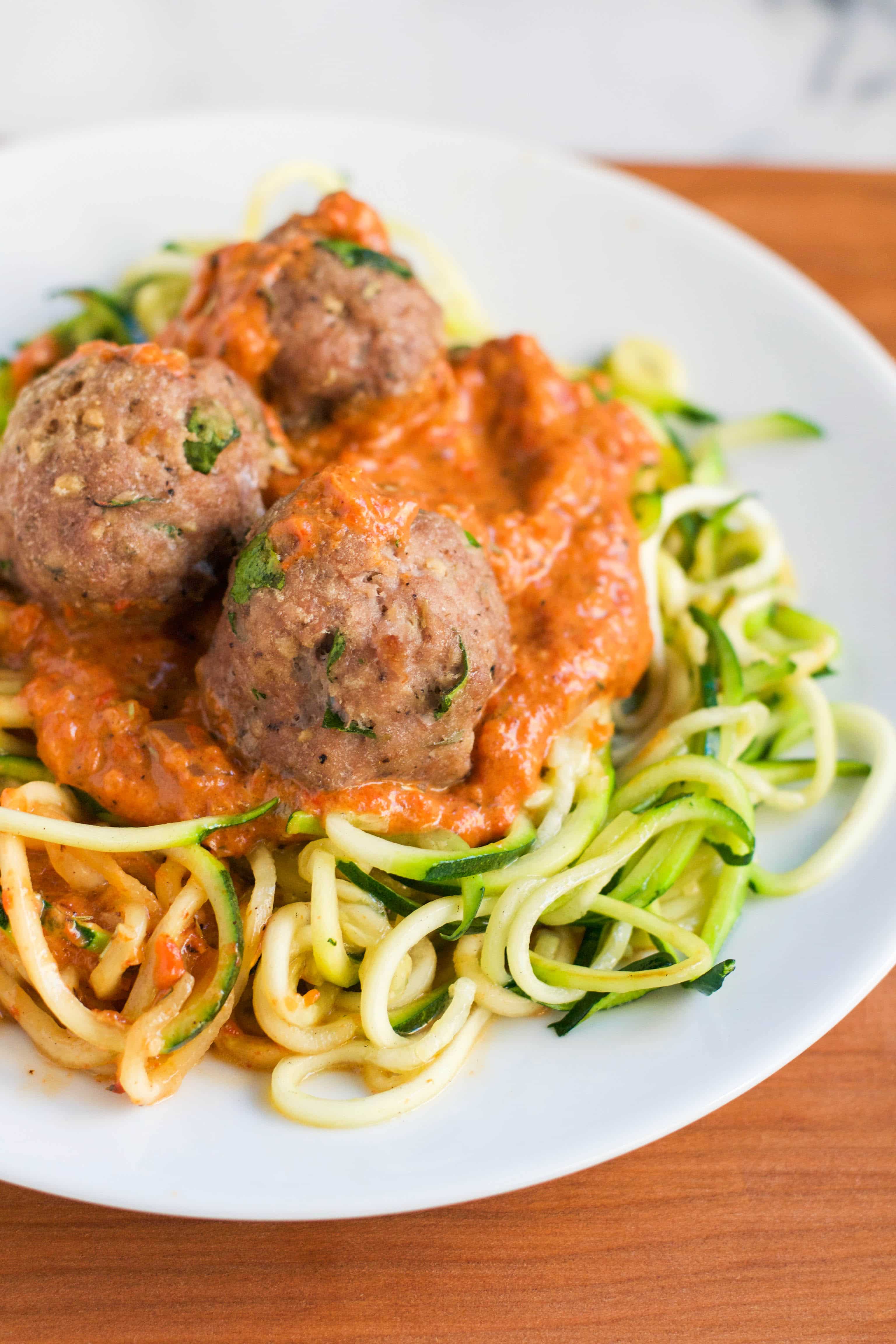 Zoodles with Turkey Meatballs in a Roasted Red Pepper Sauce (GF, DF) - A Dash of Megnut