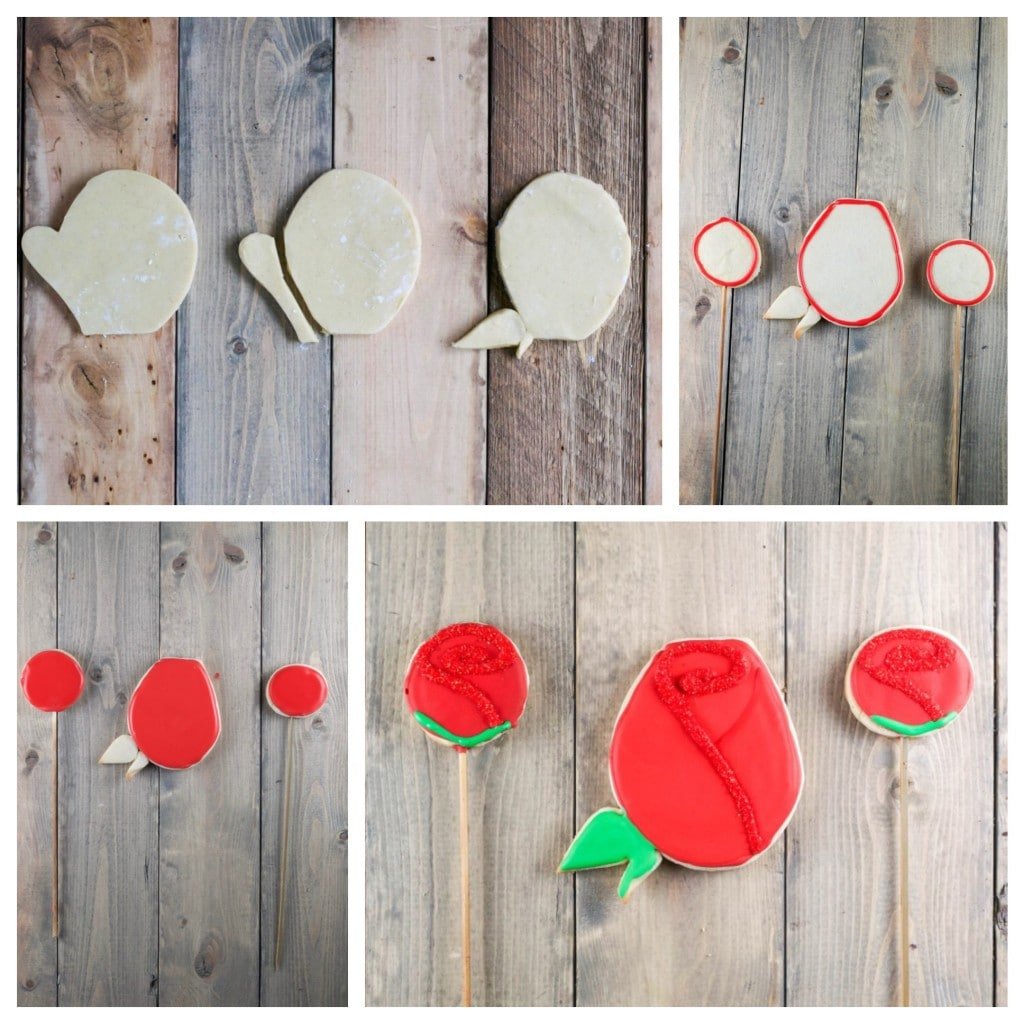 A colalge showing the process of making rose shaped sugar cookies. 