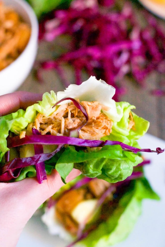 A hand holding a lettuce wrap filled with shredded pork, red cabbage, and avocado. 