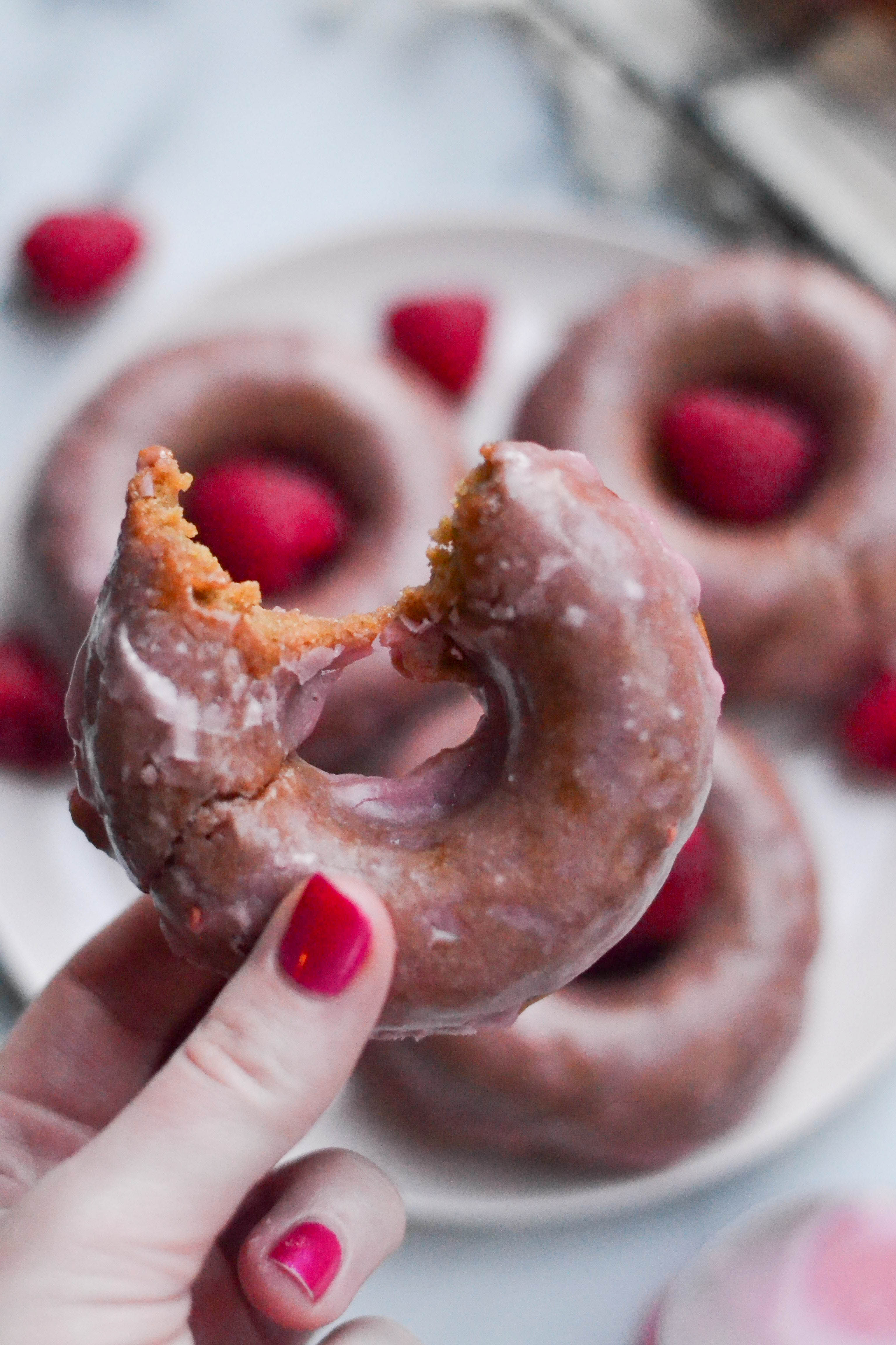 Gluten-Free Vegan Raspberry Rhubarb Glazed Donuts