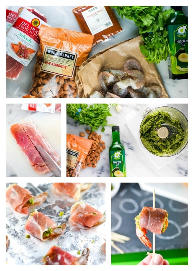 A collage showing how to make prosciutto wrapped shrimp stuffed with pesto.