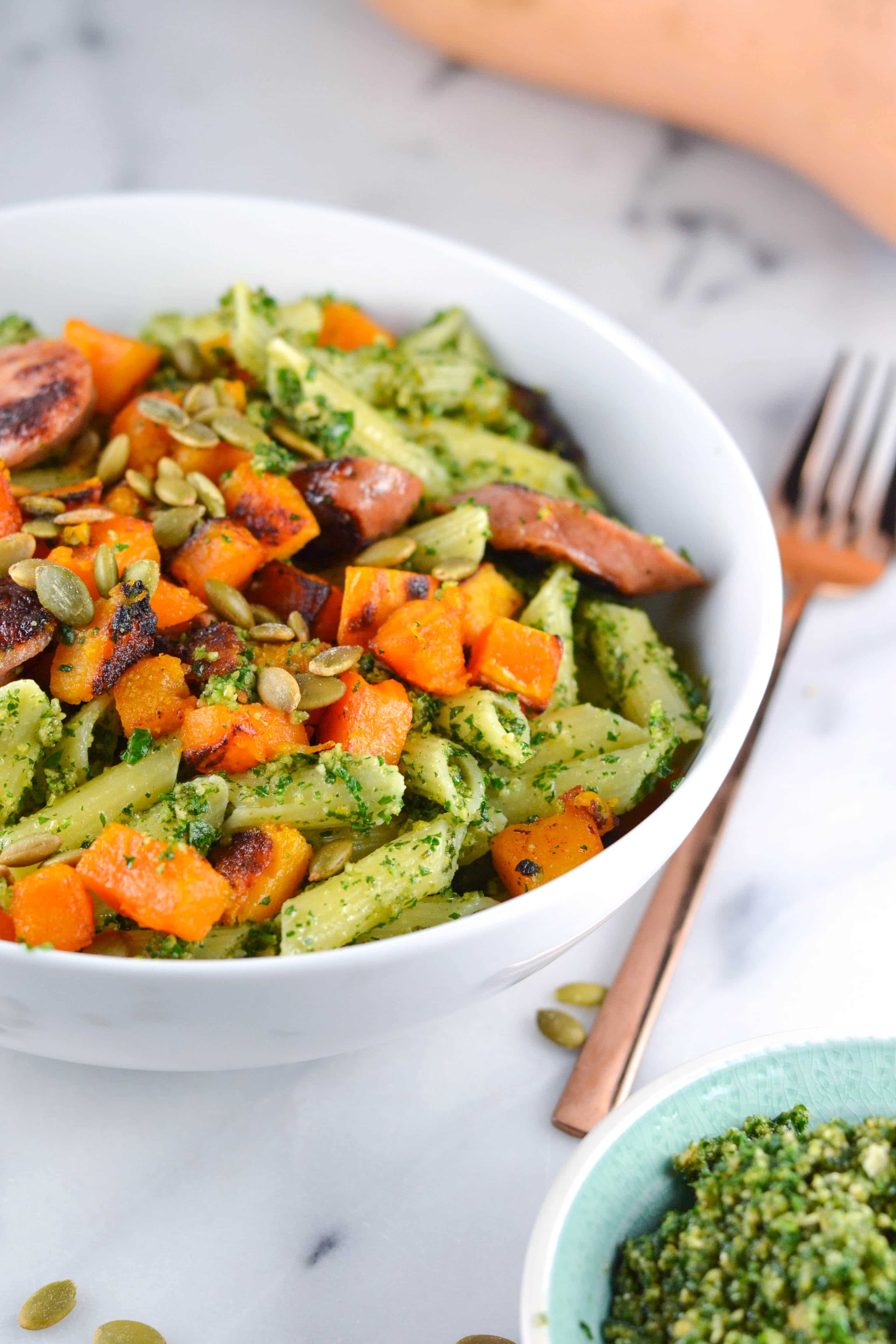 Gluten-free Pumpkin Seed Pesto Pasta with Butternut Squash
