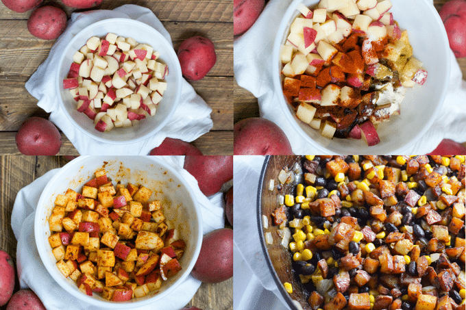 The process of showing how to make red potato black bean corn filling for taquitos. 