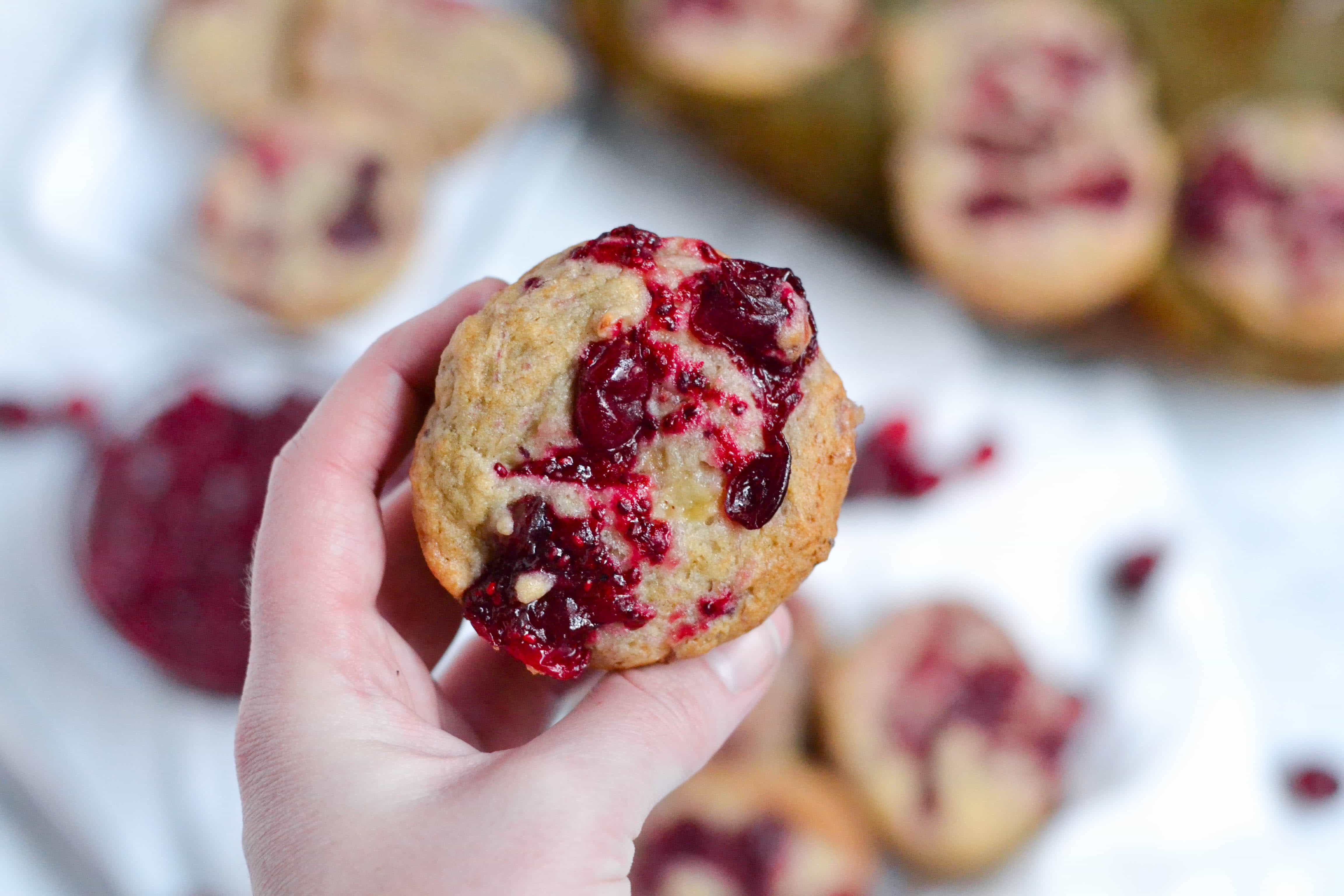 A person's hand holding a Gluten-Free Vegan Banana Cranberry Jam Muffin. 